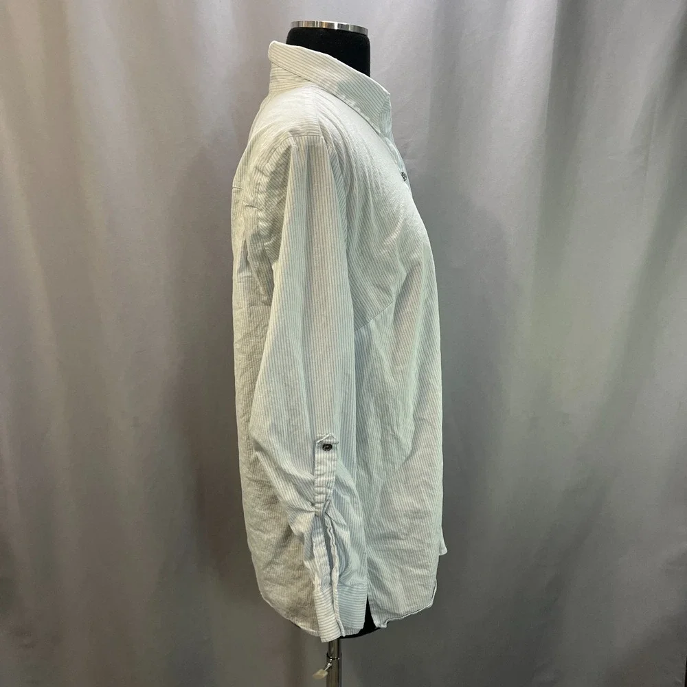 Michael Kors Button Up Shirt Womens L White Blue Striped Roll Tab Sleeve Casual
